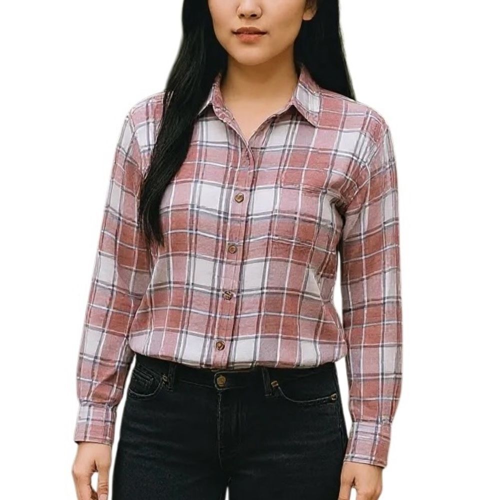 American Eagle Fall Flannel Cropped SZ SM Plaid Button Up Pink White